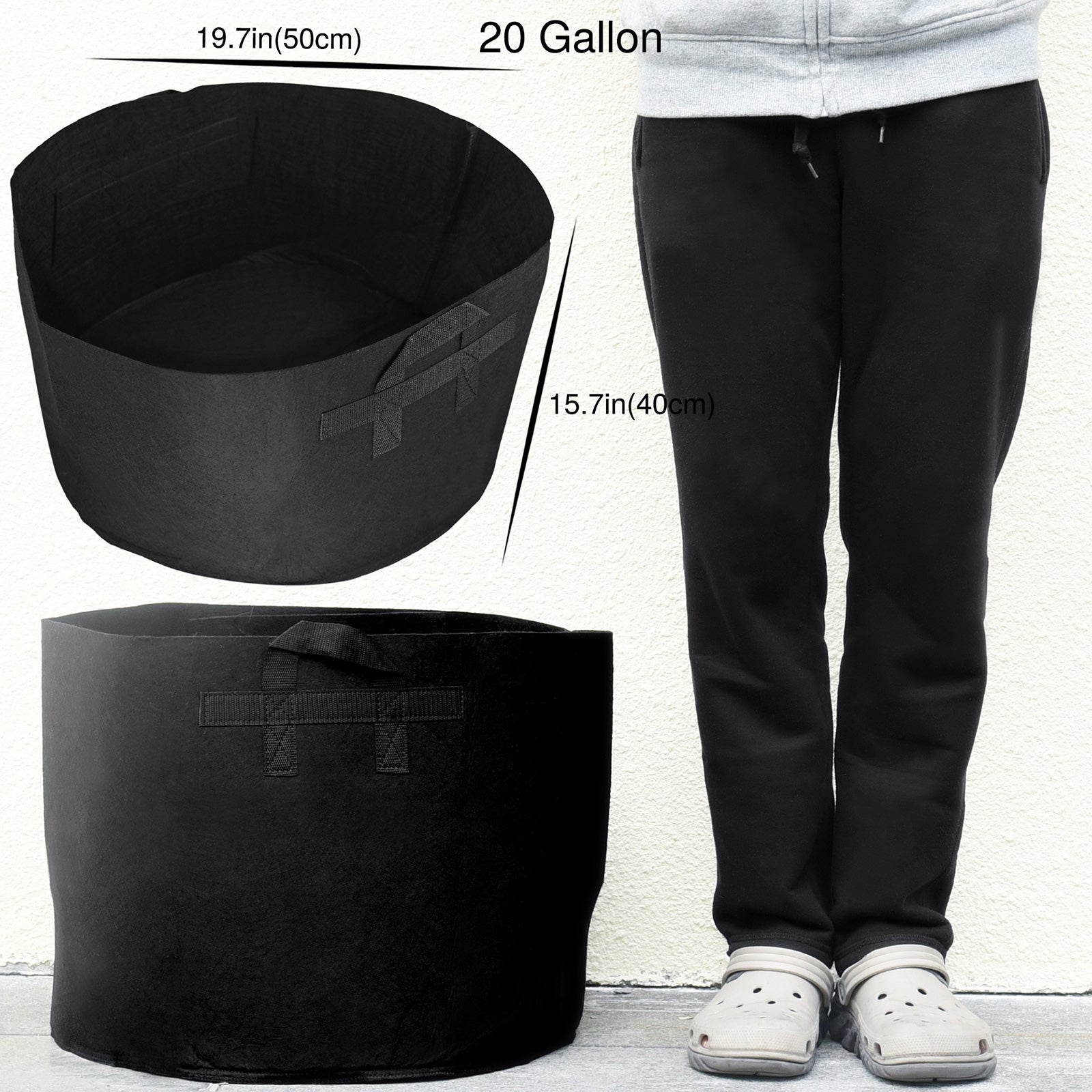 Black 20-gallon fabric grow bag detail showing the planter shape and material.