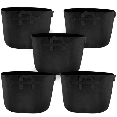 Black 25-gallon fabric grow bags with handles, 5-pack.