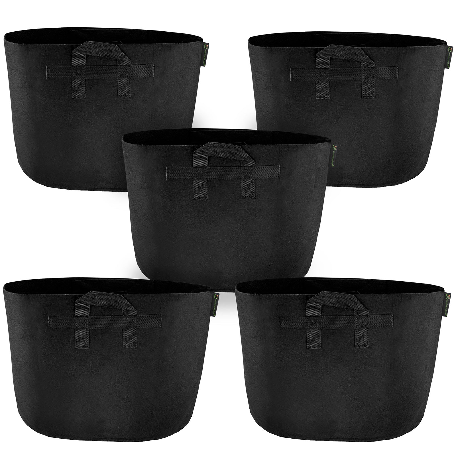 Black 25-gallon fabric grow bags with handles, 5-pack.