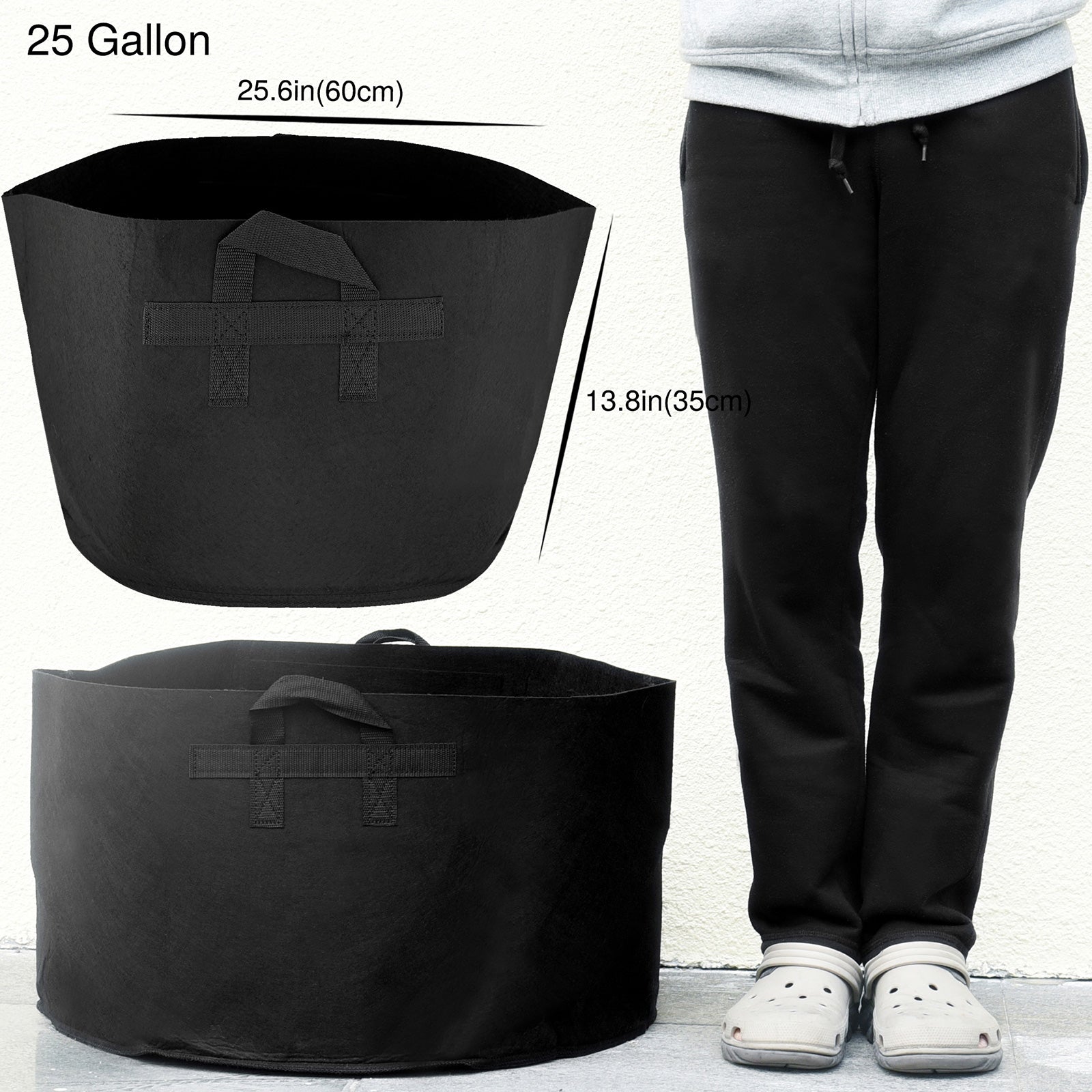 Black 25-gallon fabric grow bag detail showing the planter shape and material.