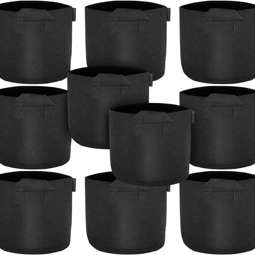 Black 3-gallon fabric grow bags with handles, 10-pack.