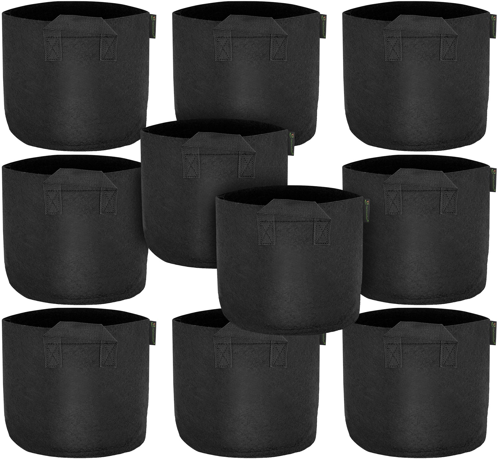 Black 3-gallon fabric grow bags with handles, 10-pack.
