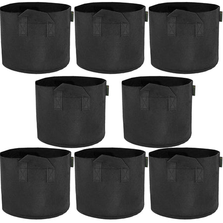 Black 5-gallon fabric grow bags with handles, 8-pack.