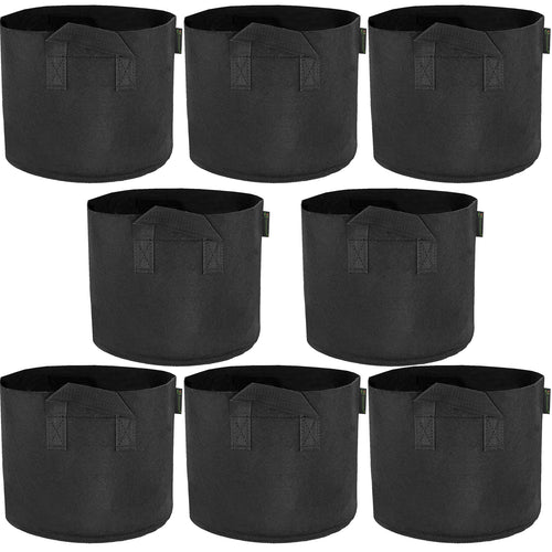 Black 5-gallon fabric grow bags with handles, 8-pack.
