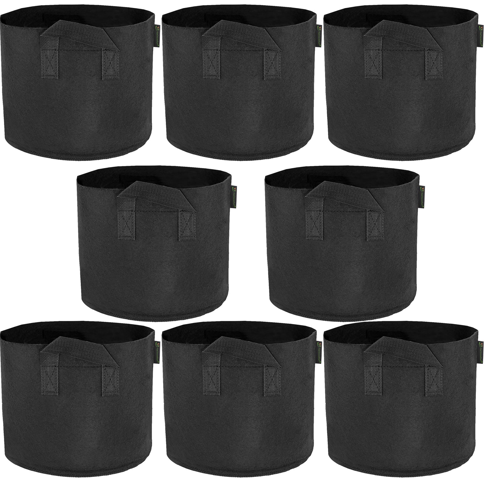 Black 5-gallon fabric grow bags with handles, 8-pack.