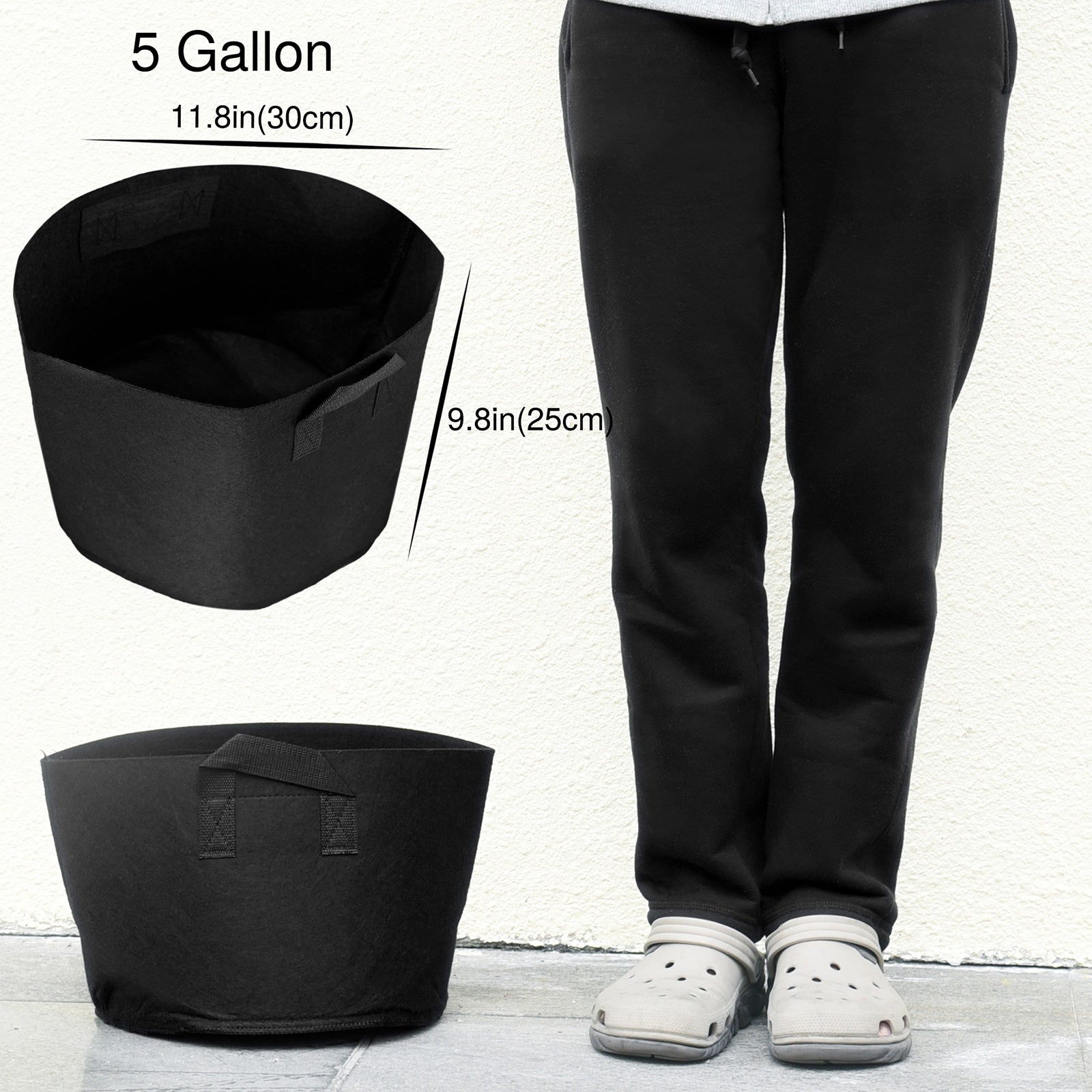 Black 5-gallon fabric grow bag detail showing the planter shape and material.
