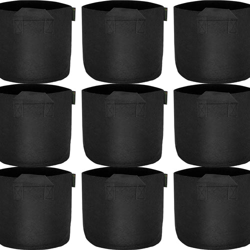 Black 7-gallon fabric grow bags with handles, 9-pack.