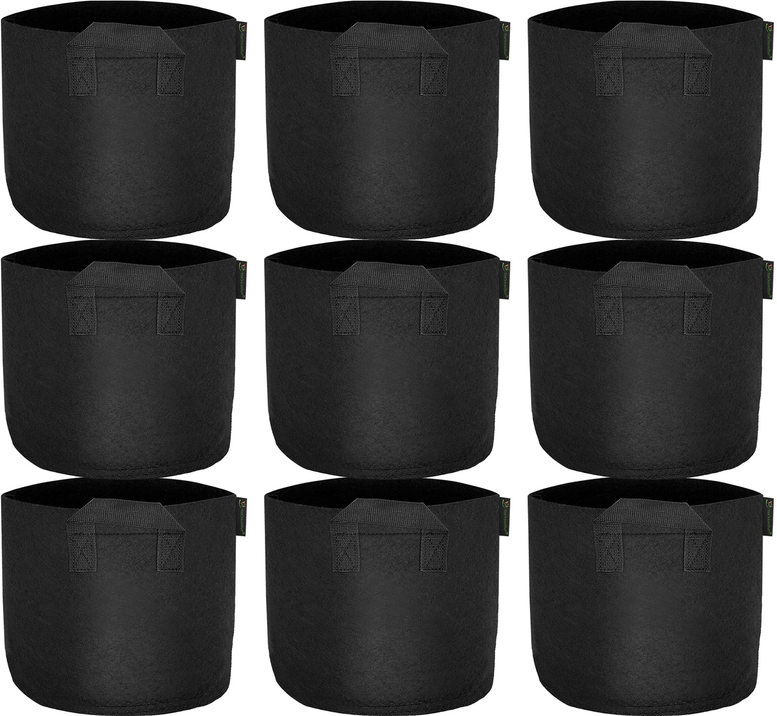 Black 7-gallon fabric grow bags with handles, 9-pack.