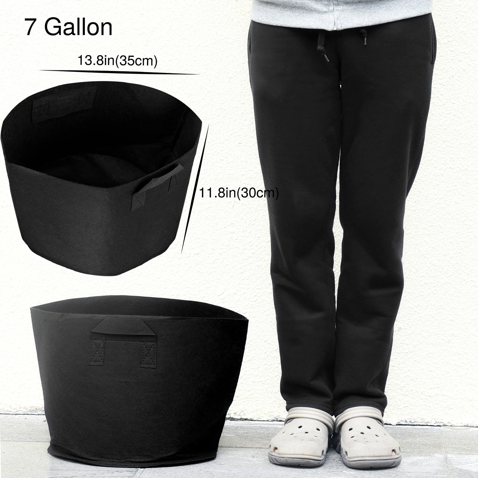 Black 7-gallon fabric grow bag detail showing the planter shape and material.
