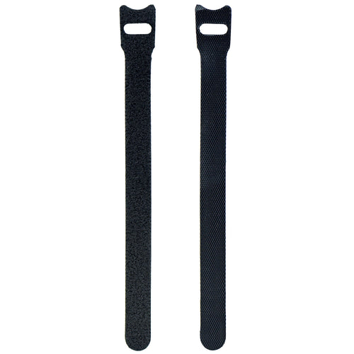 Two black reusable nylon hook and loop cable ties shown upright from a 50-pack for cord organization.