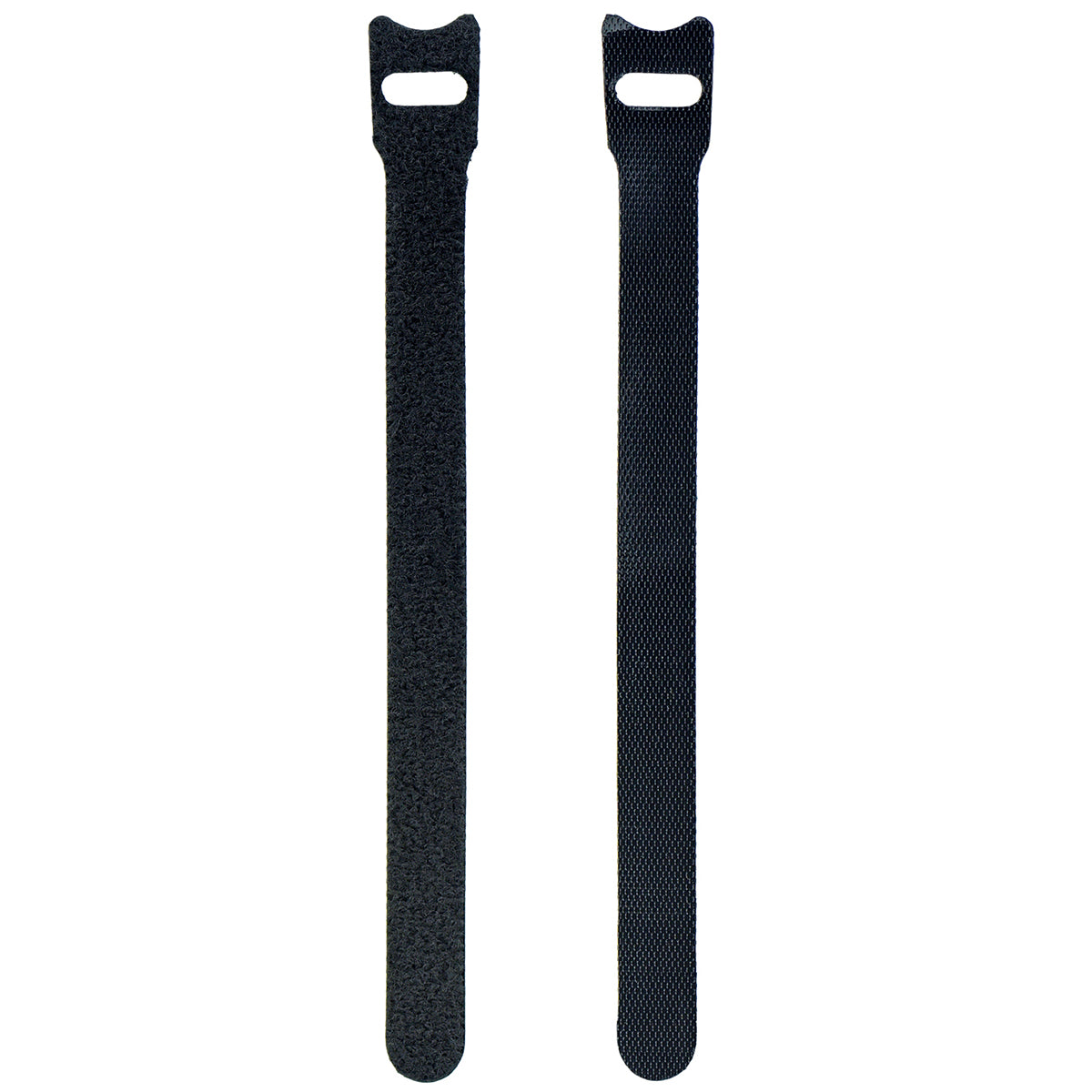Two black reusable nylon hook and loop cable ties shown upright from a 50-pack for cord organization.