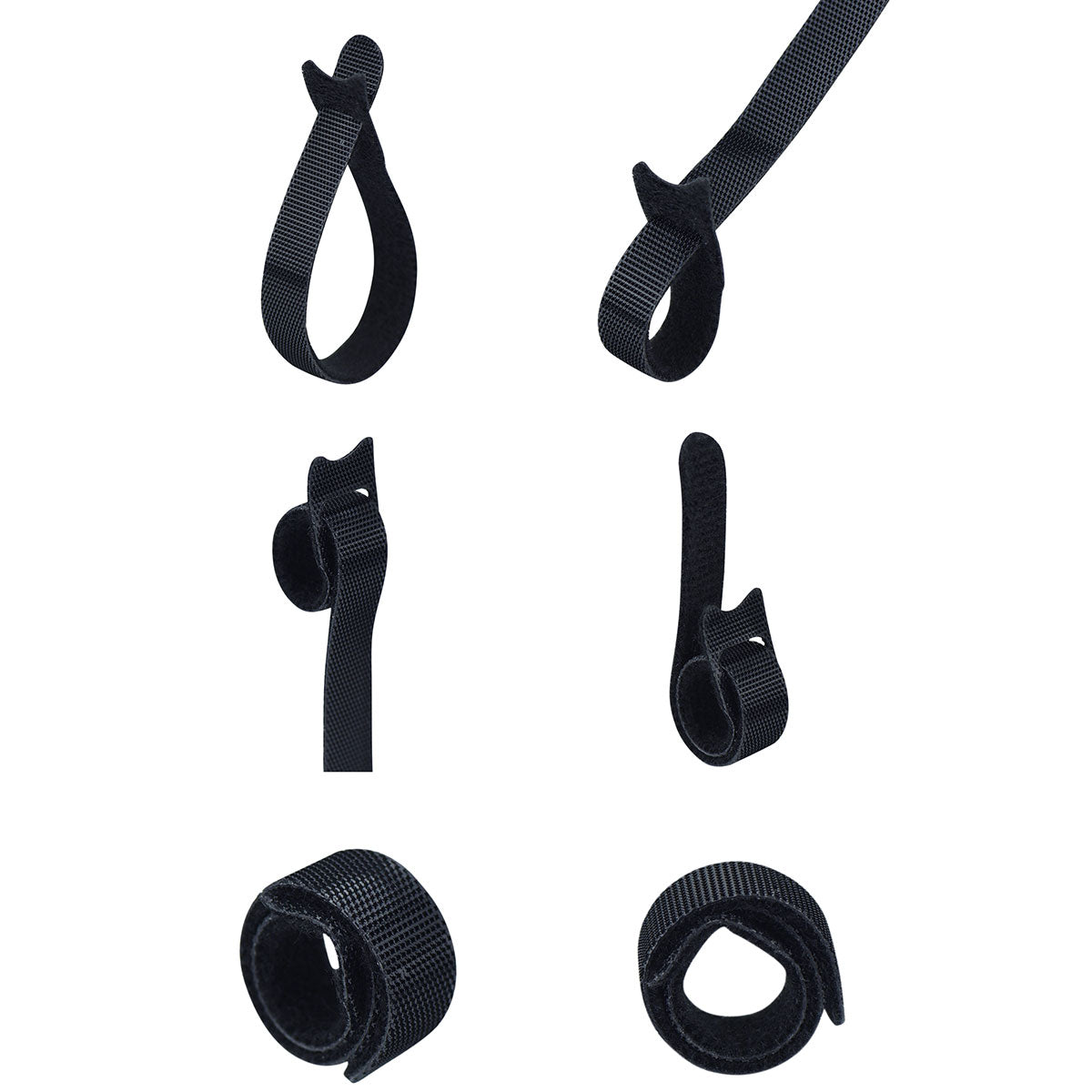 Black reusable nylon hook and loop cable ties shown in product view 4 for cord and wire organization.