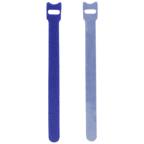 Two blue reusable nylon hook and loop cable ties shown upright from a 50-pack for cord organization.