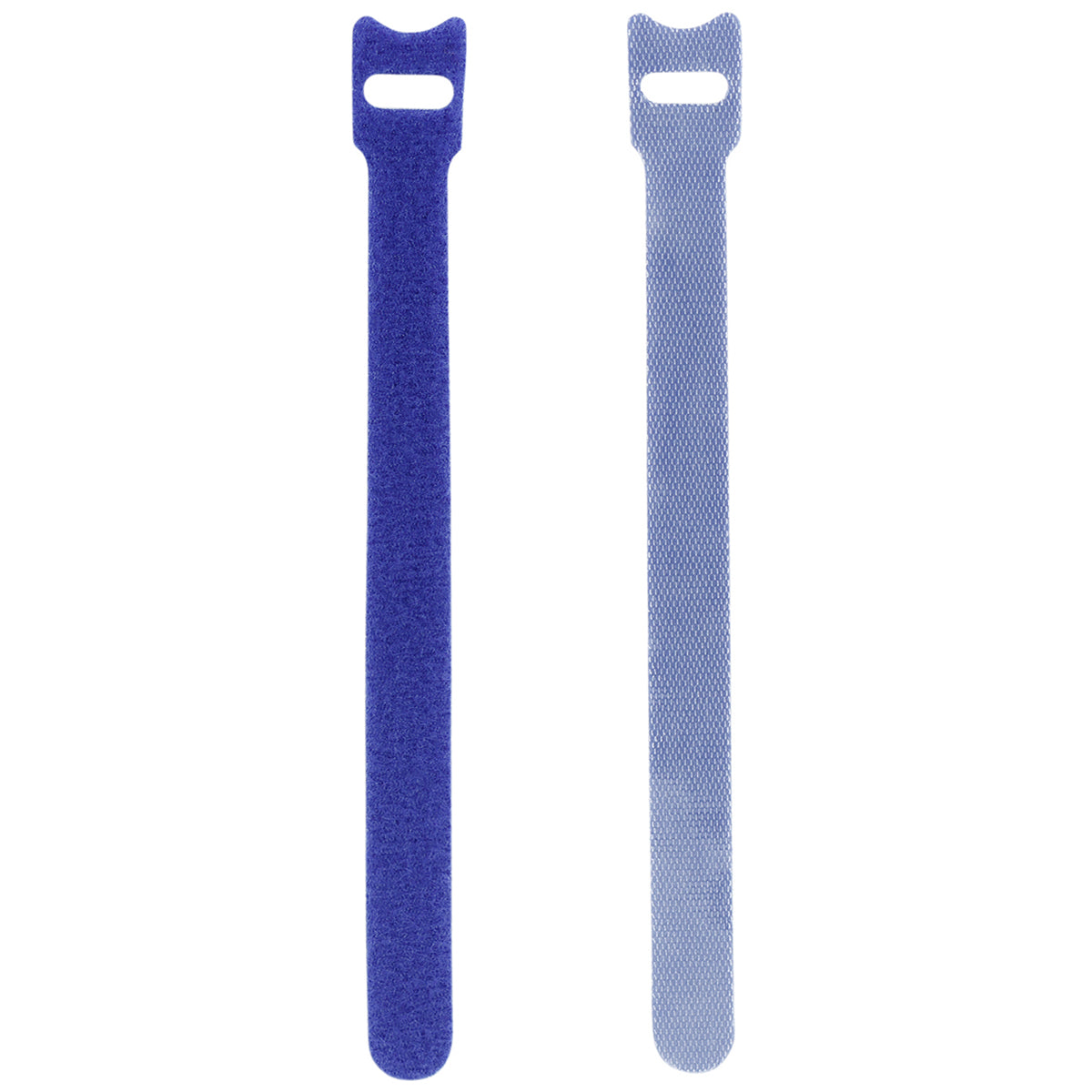 Two blue reusable nylon hook and loop cable ties shown upright from a 50-pack for cord organization.