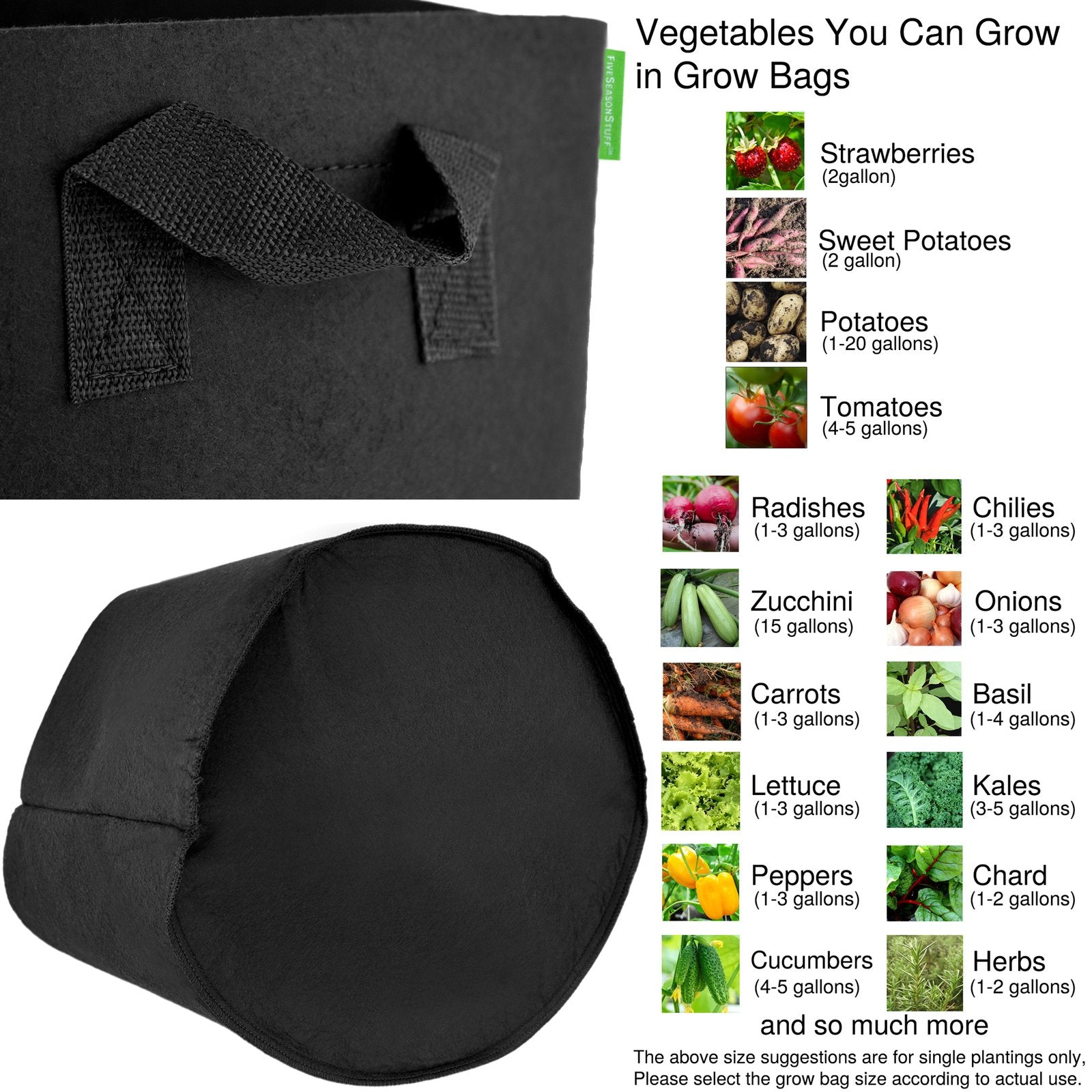 Fabric grow bag size guide for choosing container capacity by plant size.