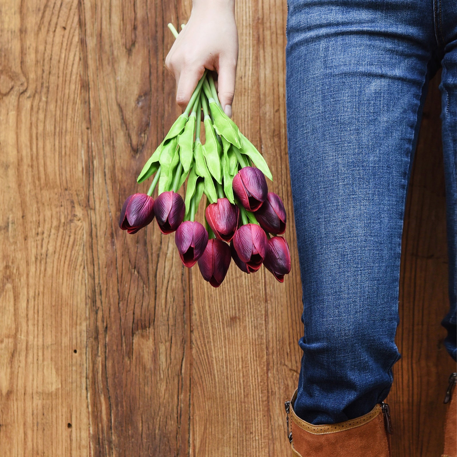 Dark Scarlet Real Touch Tulips Artificial Flowers Bouquet 10 Stems