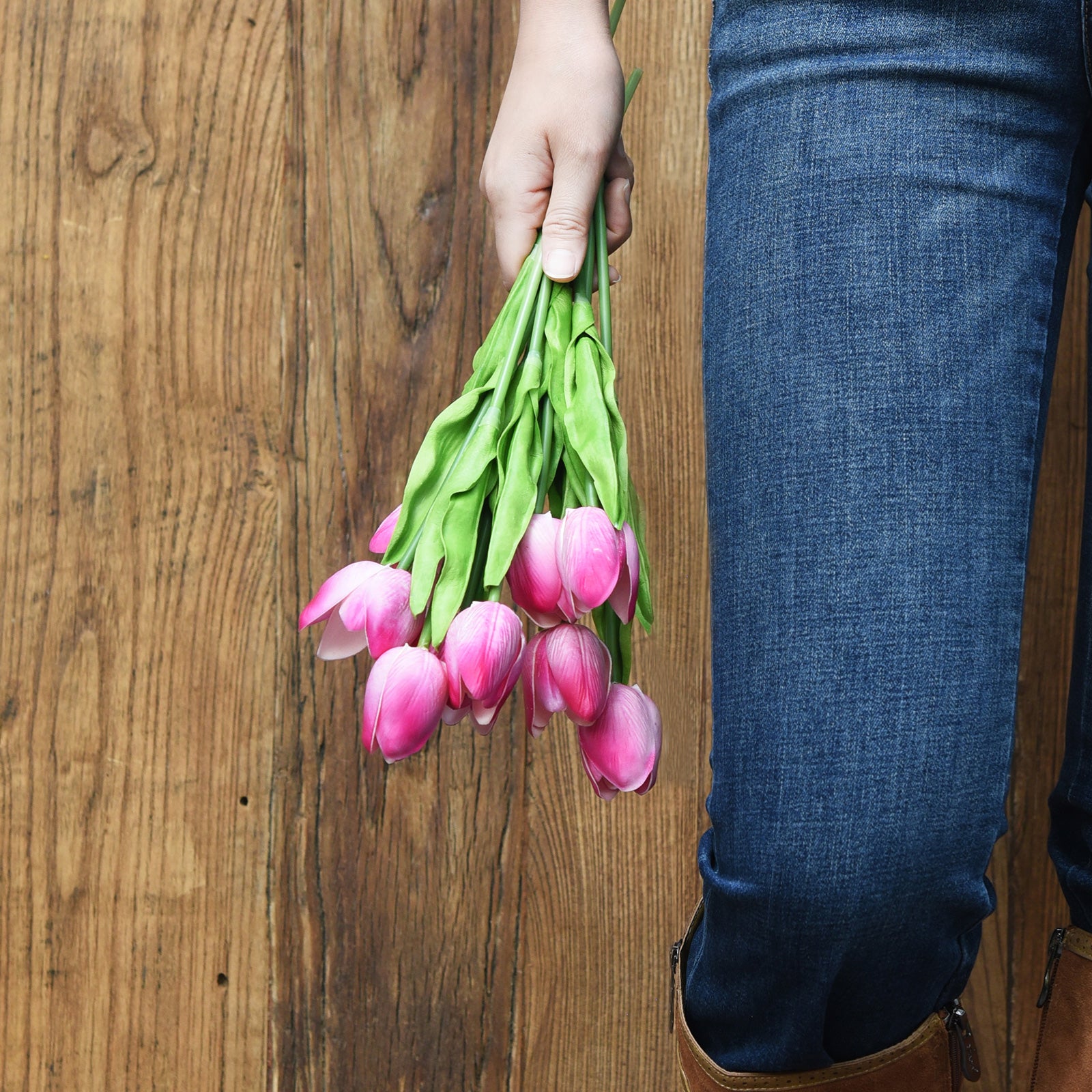 Magenta Pink Real Touch Tulips Artificial Flowers Bouquet 10 Stems