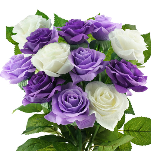 Real Touch 12 Stems Light Purple | White Mix Color Silk Artificial Roses Flowers ‘Petals Feel and Look like Fresh Roses'