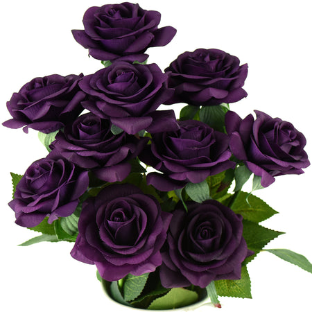 Real Touch 10 Stems Dark Purple Silk Artificial Roses Flowers ‘Petals Feel and Look like Fresh Roses'