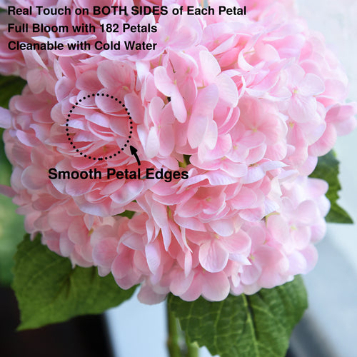FiveSeasonStuff 2 Stems Real Touch Petals and Leaves Artificial Hydrangea Flowers Long Stem Floral Arrangement | for Wedding Bridal Party Home Décor DIY Floral Decoration (Pink)