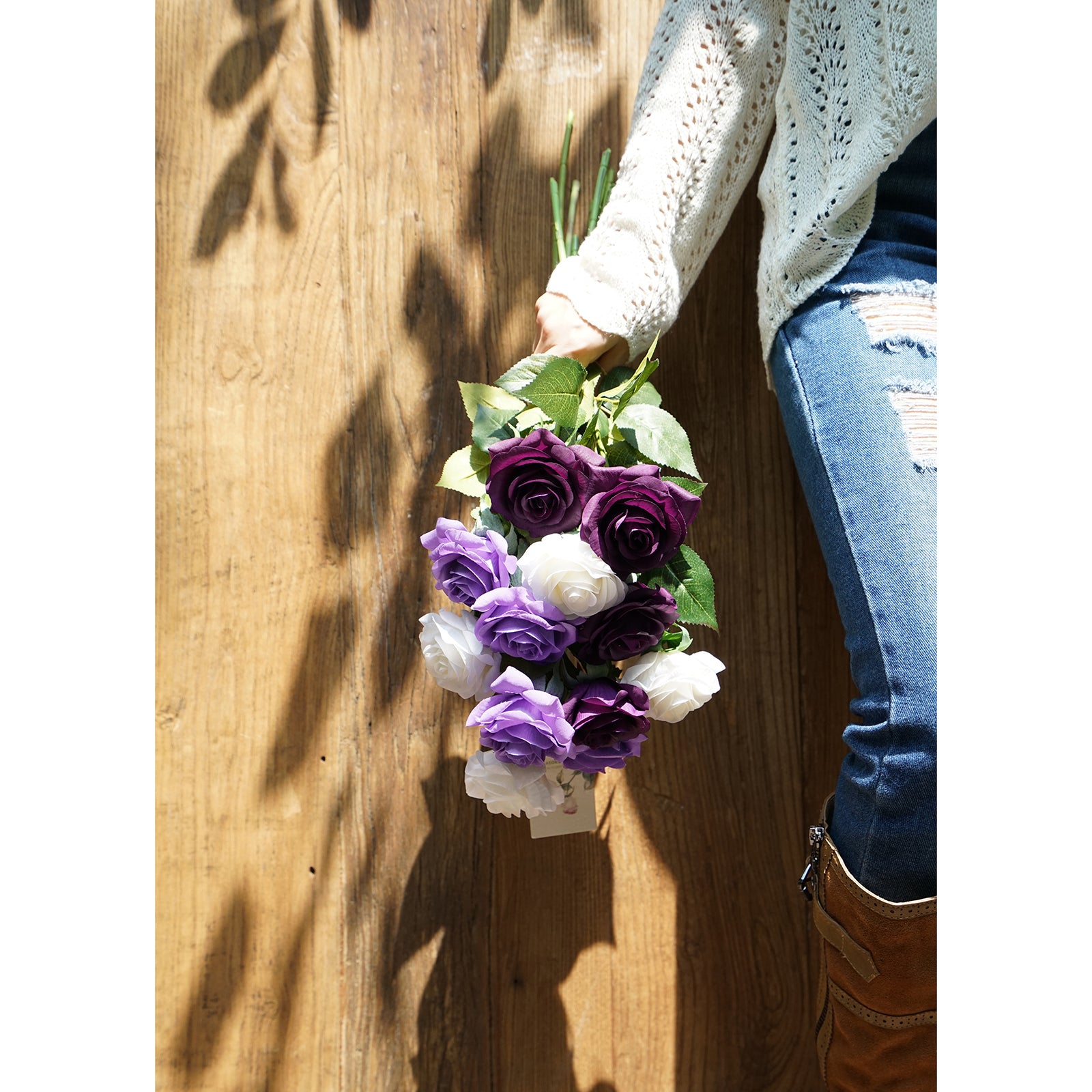 Real Touch 12 Stems Dark Purple | White Mix Silk Artificial Roses Flowers ‘Petals Feel and Look like Fresh Roses'