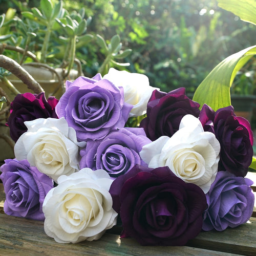 Real Touch 12 Stems Dark Purple | White Mix Silk Artificial Roses Flowers ‘Petals Feel and Look like Fresh Roses'