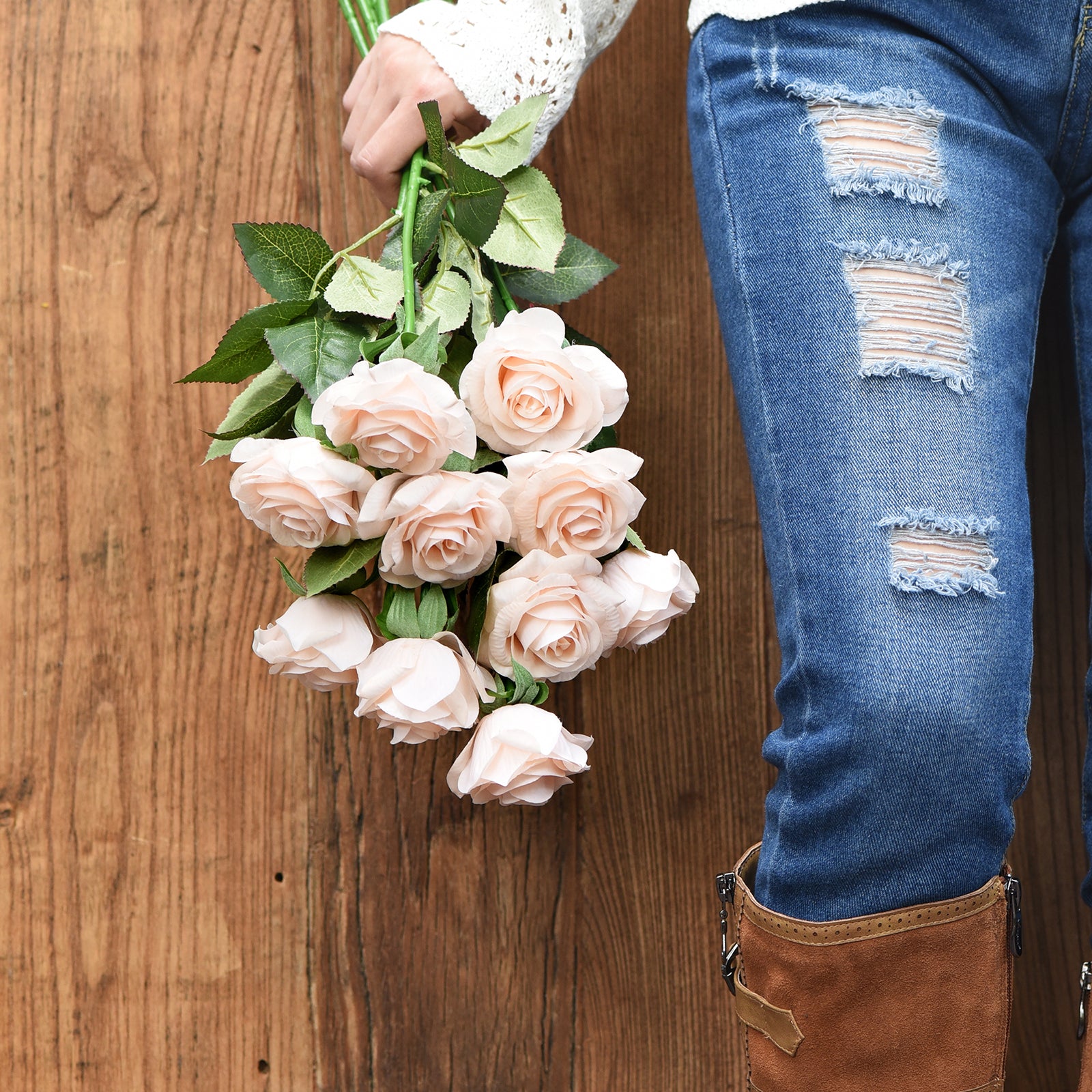 Real Touch 10 Stems Pale Champagne Pink Silk Artificial Roses Flowers ‘Petals Feel and Look like Fresh Roses