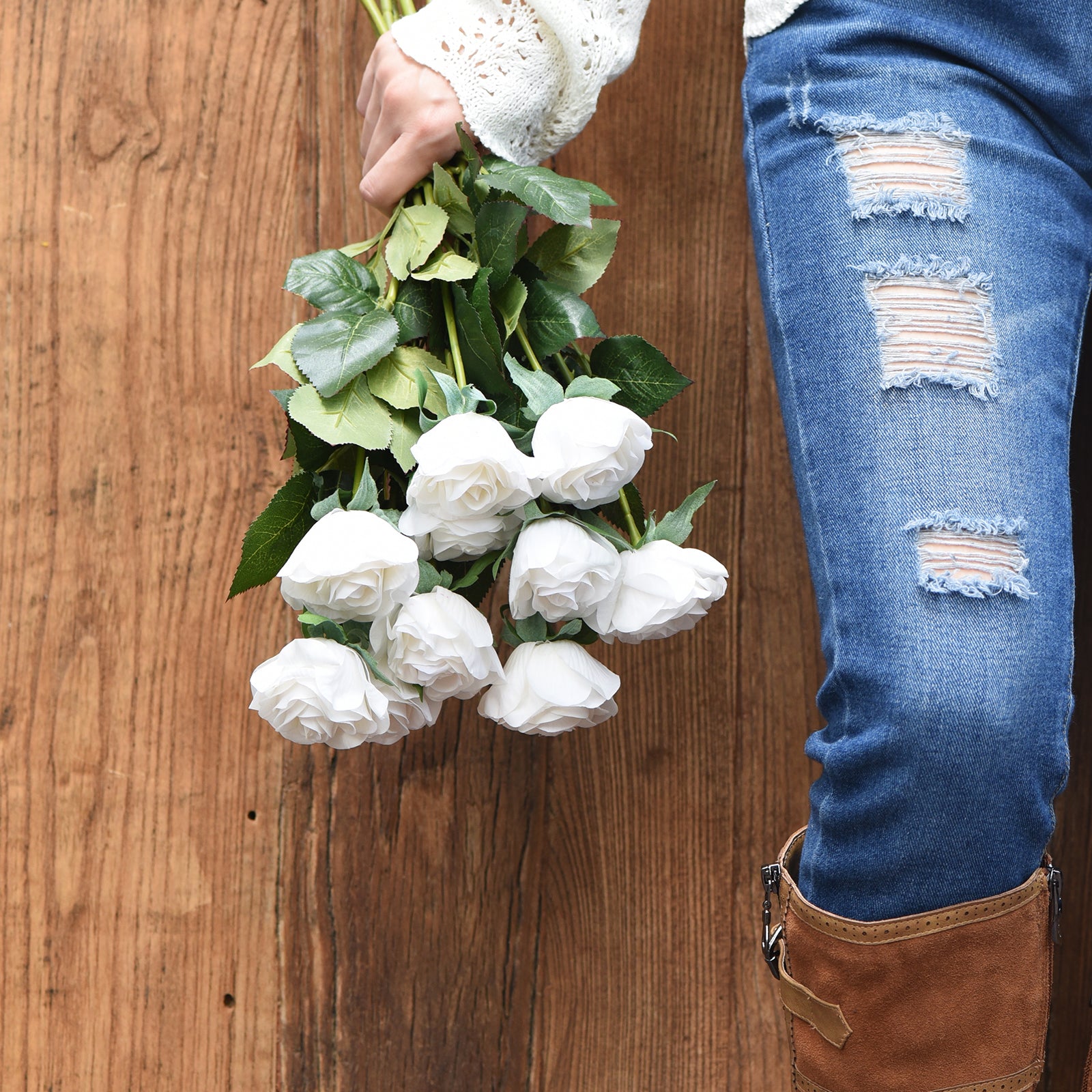 Artificial Flowers Real Touch Silk Roses 10 Stems (White)
