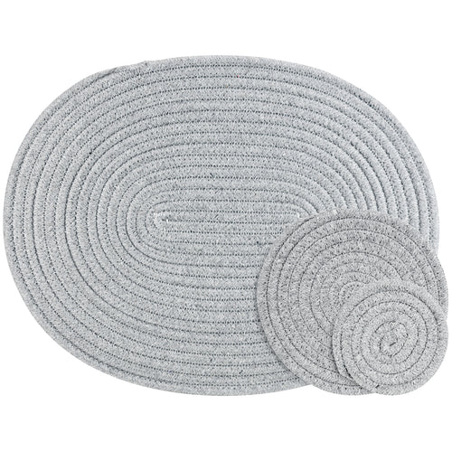 Gray woven cotton placemat and coaster set shown together as a three-piece table setting set.