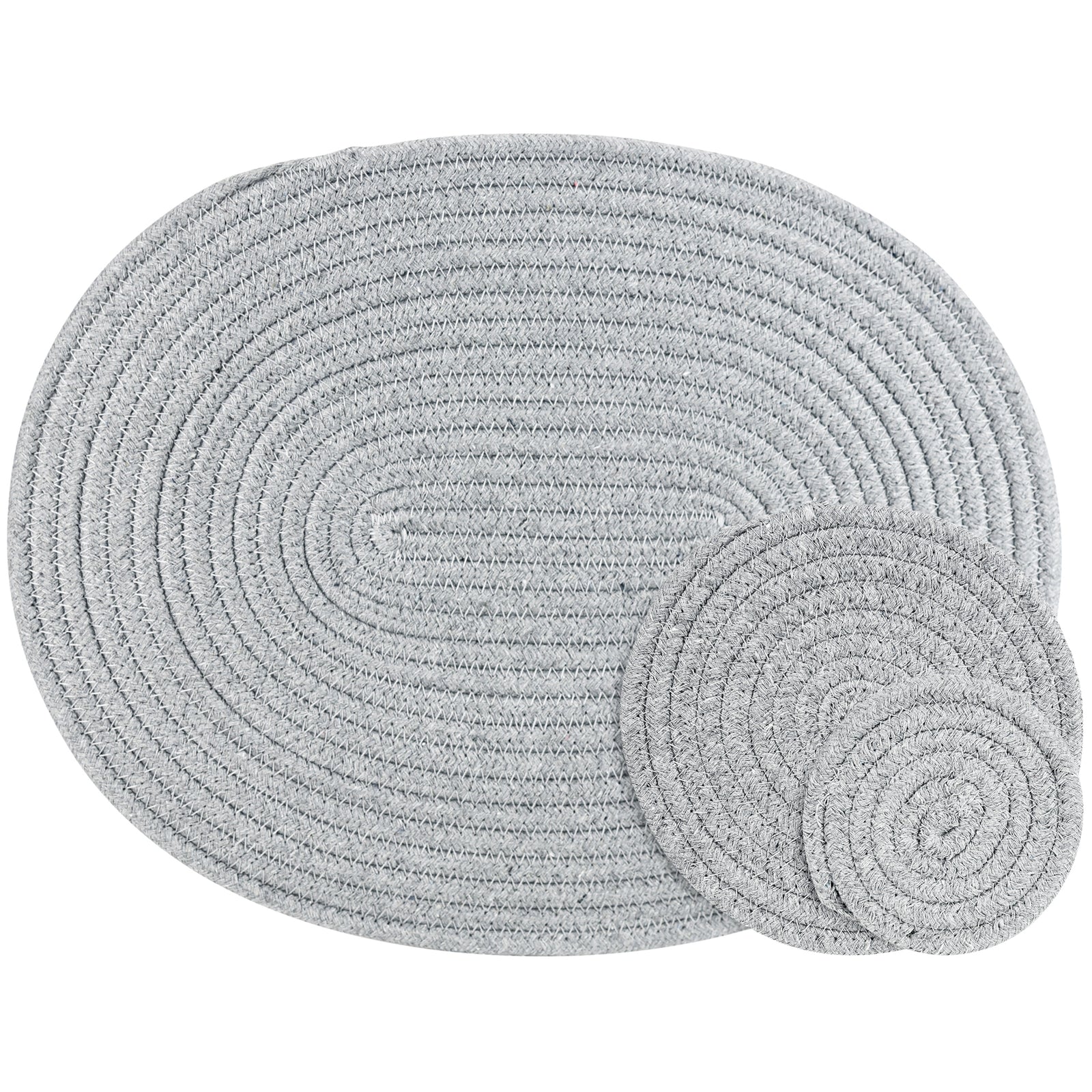 Gray woven cotton placemat and coaster set shown together as a three-piece table setting set.