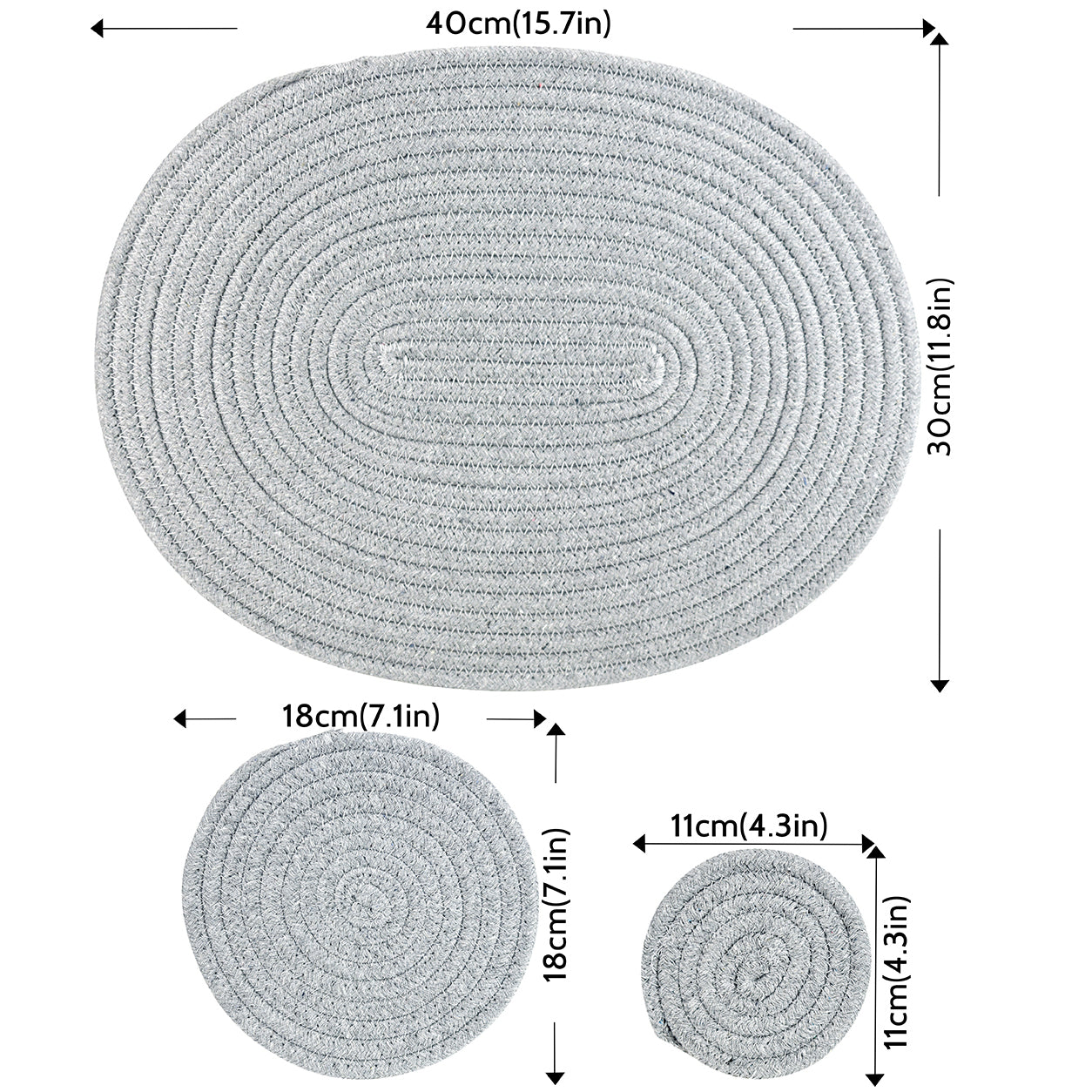 Gray cotton placemat and round table mats shown for everyday dining styling.