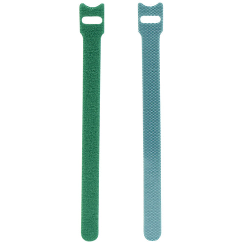 Two green reusable nylon hook and loop cable ties shown upright from a 50-pack for cord organization.