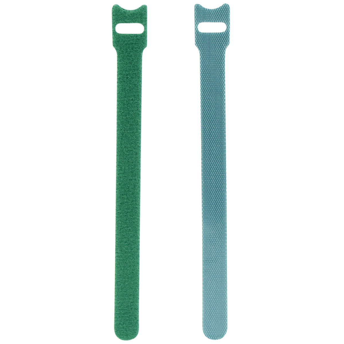 Two green reusable nylon hook and loop cable ties shown upright from a 50-pack for cord organization.