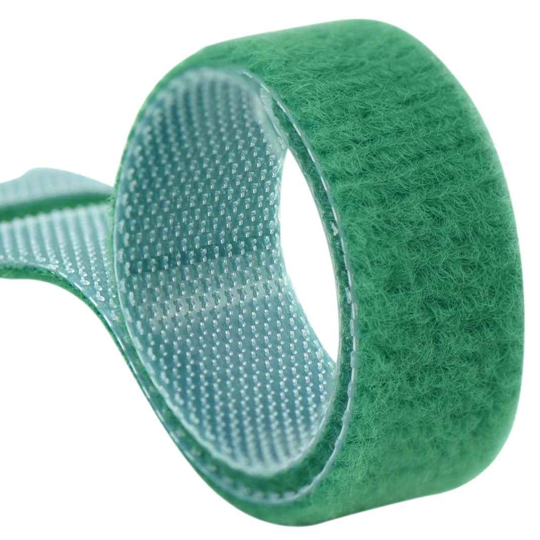 Green reusable nylon hook and loop cable ties shown in product view 3 for cord and wire organization.