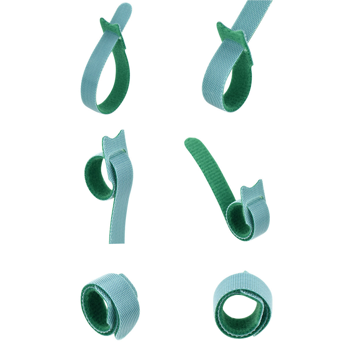 Green reusable nylon hook and loop cable ties shown in product view 4 for cord and wire organization.