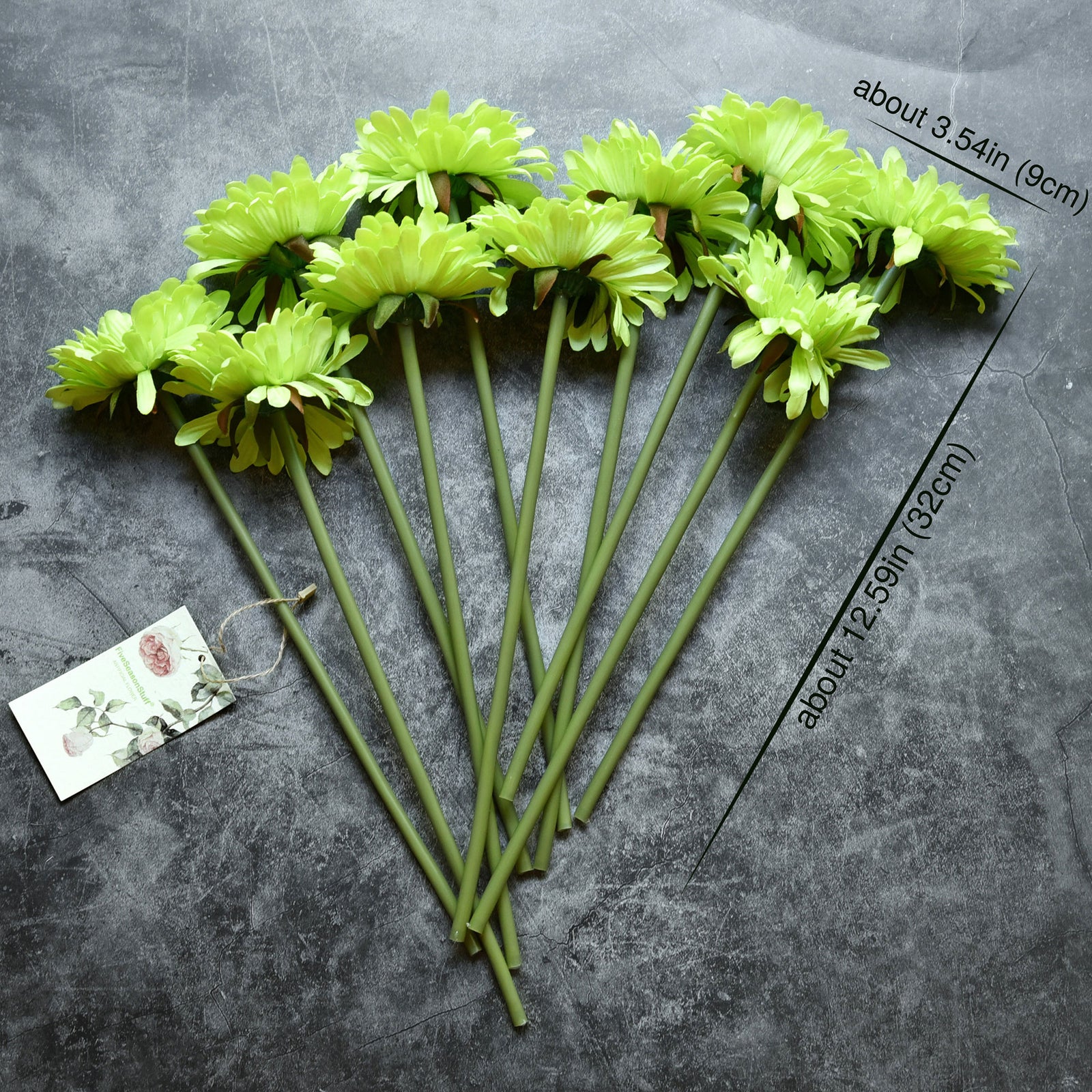Green silk gerbera stems shown in an alternate product and bouquet view.