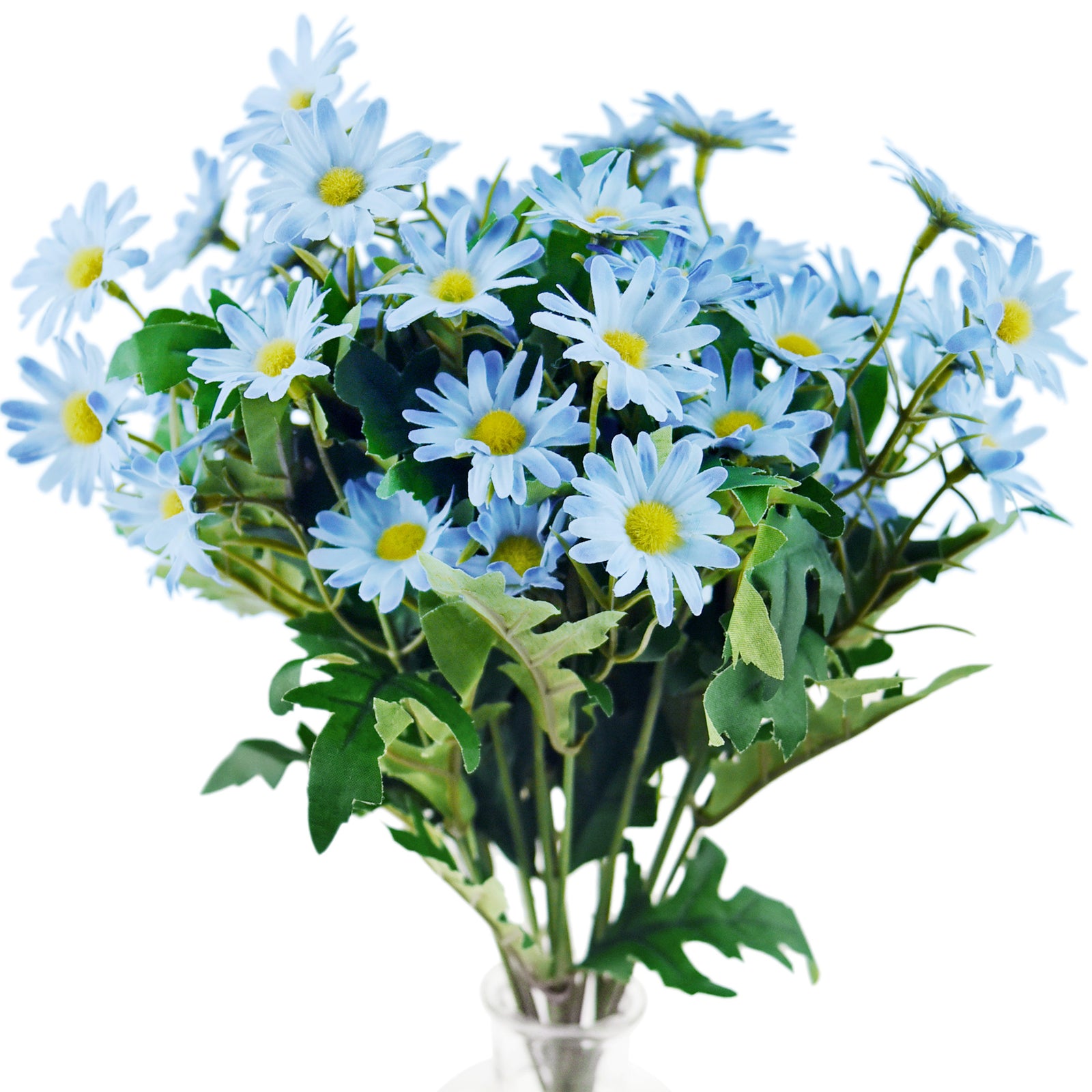Lake Blue artificial daisy flowers, set of 2 bunches with green leaves.