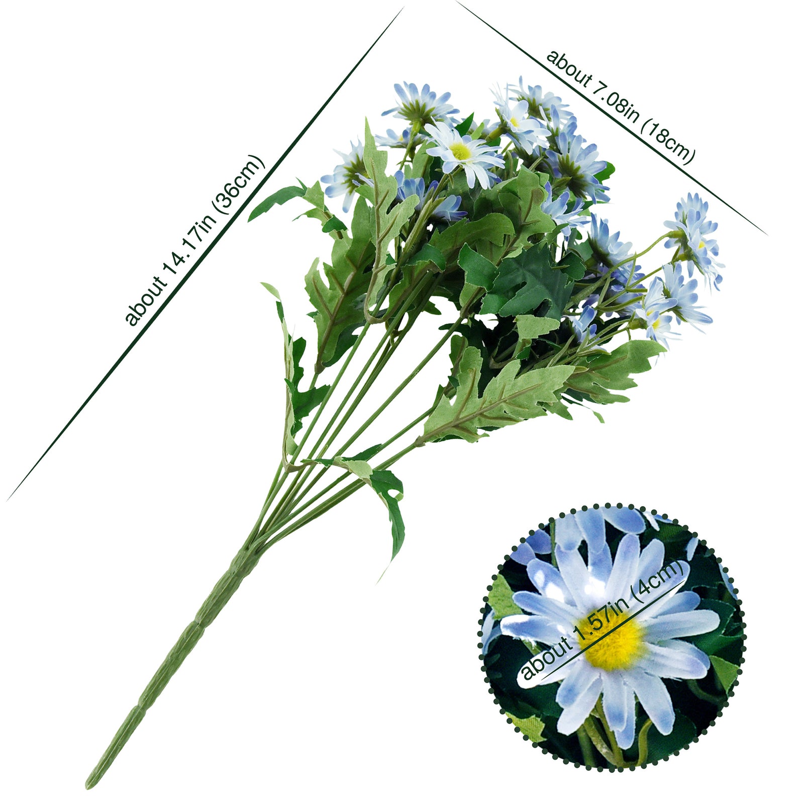 Lake Blue artificial daisy bunch product detail showing blooms, leaves and stems.