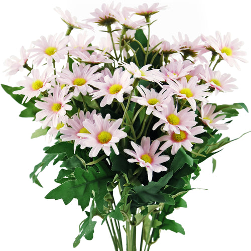 Lemonade Pink artificial daisy flowers, set of 2 bunches with green leaves.