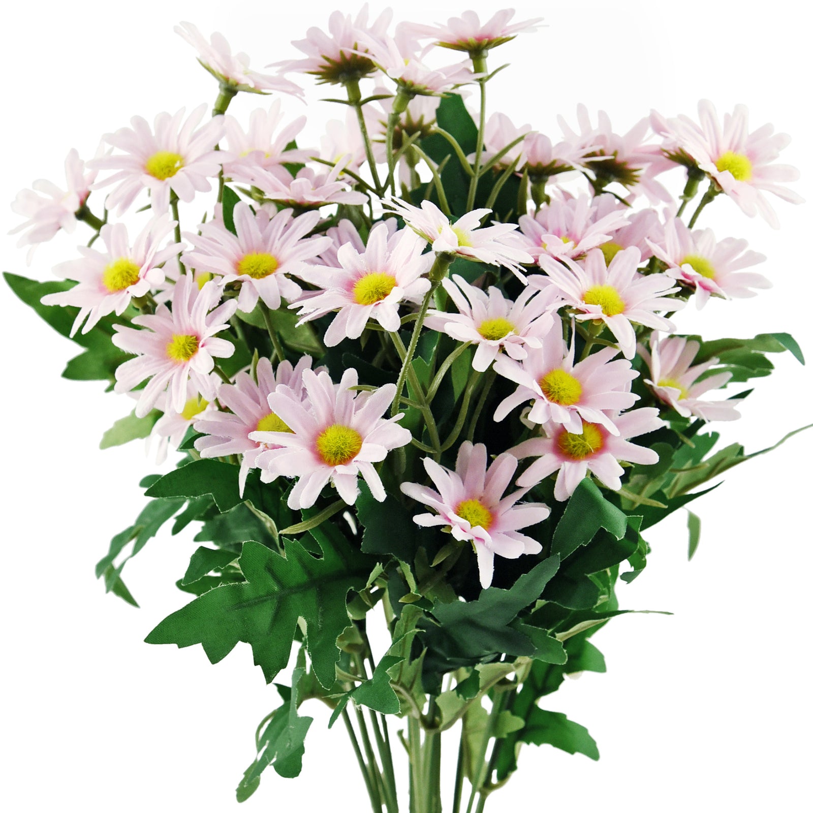 Lemonade Pink artificial daisy flowers, set of 2 bunches with green leaves.