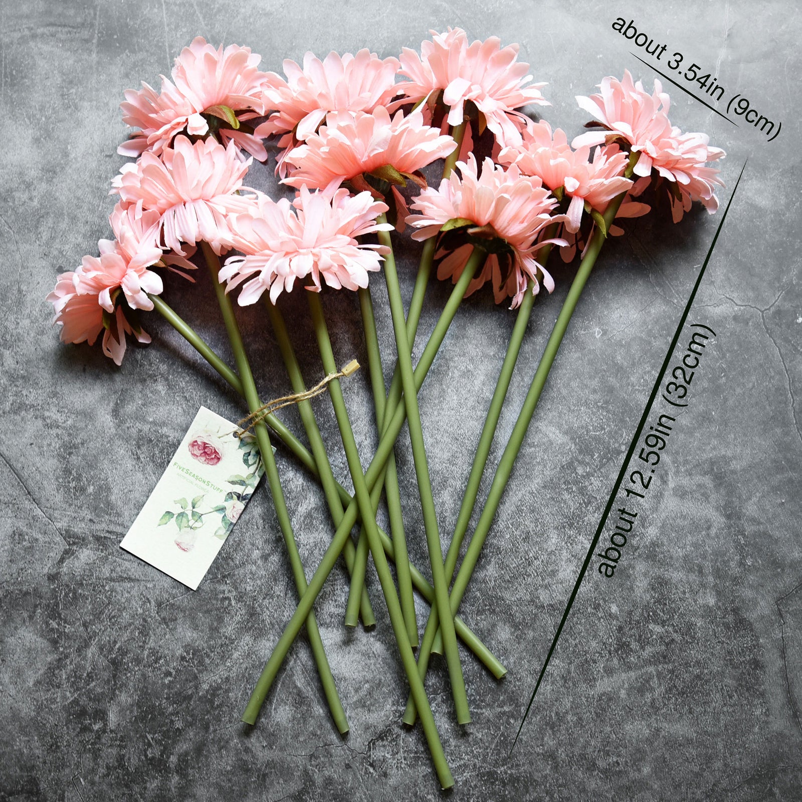 Light pink silk gerbera stems shown in an alternate product and bouquet view.