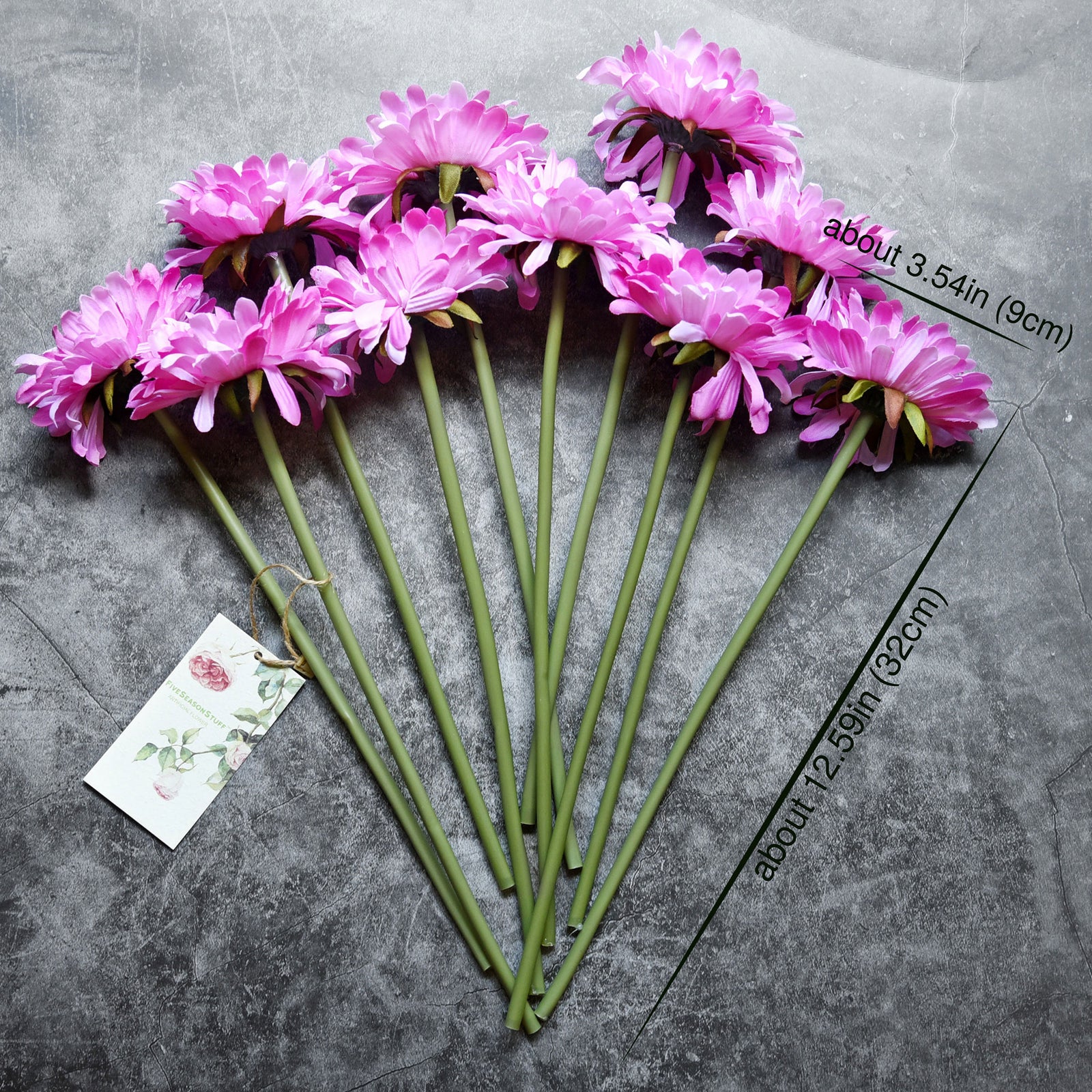 Magenta pink silk gerbera stems shown in an alternate product and bouquet view.