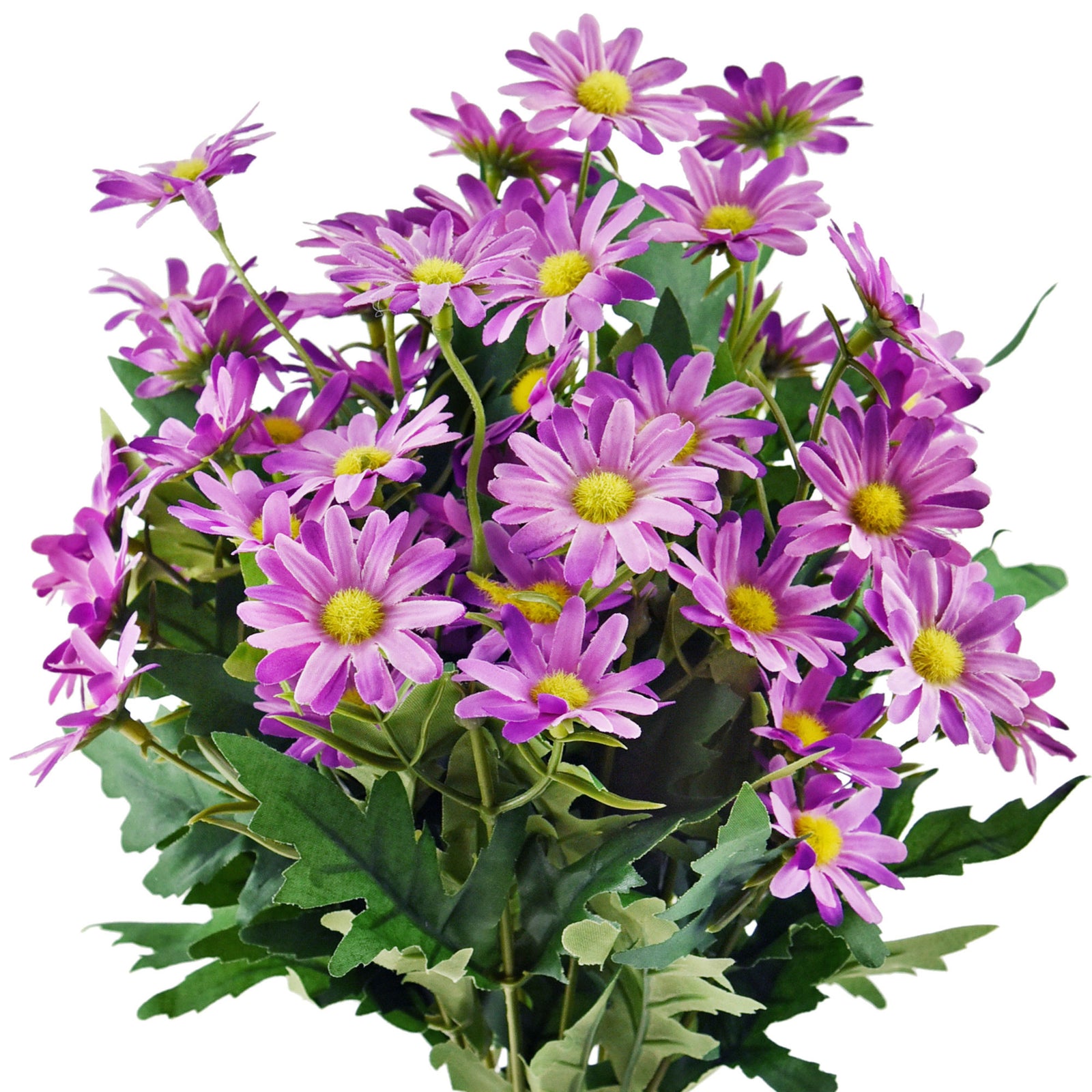 Majestic Purple artificial daisy flowers, set of 2 bunches with green leaves.