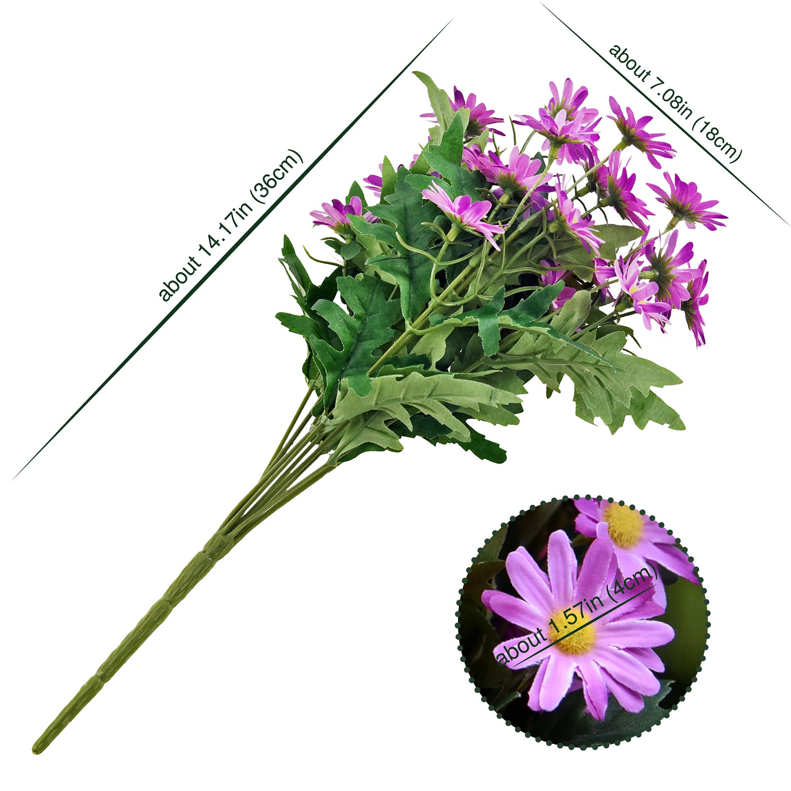 Detail view of Majestic Purple artificial daisy blooms and green foliage.