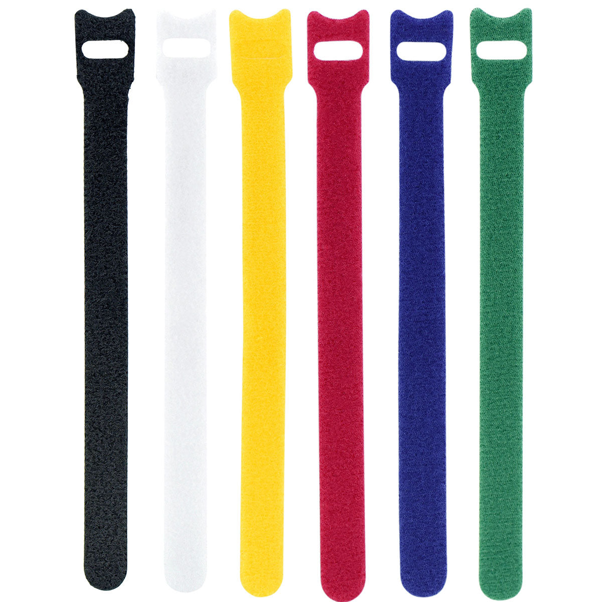 Mixed color reusable nylon hook and loop cable ties shown together for cord organization.