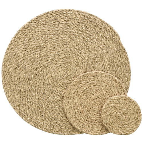 Natural jute round placemat and coaster set shown together as a three-piece woven table mat set.