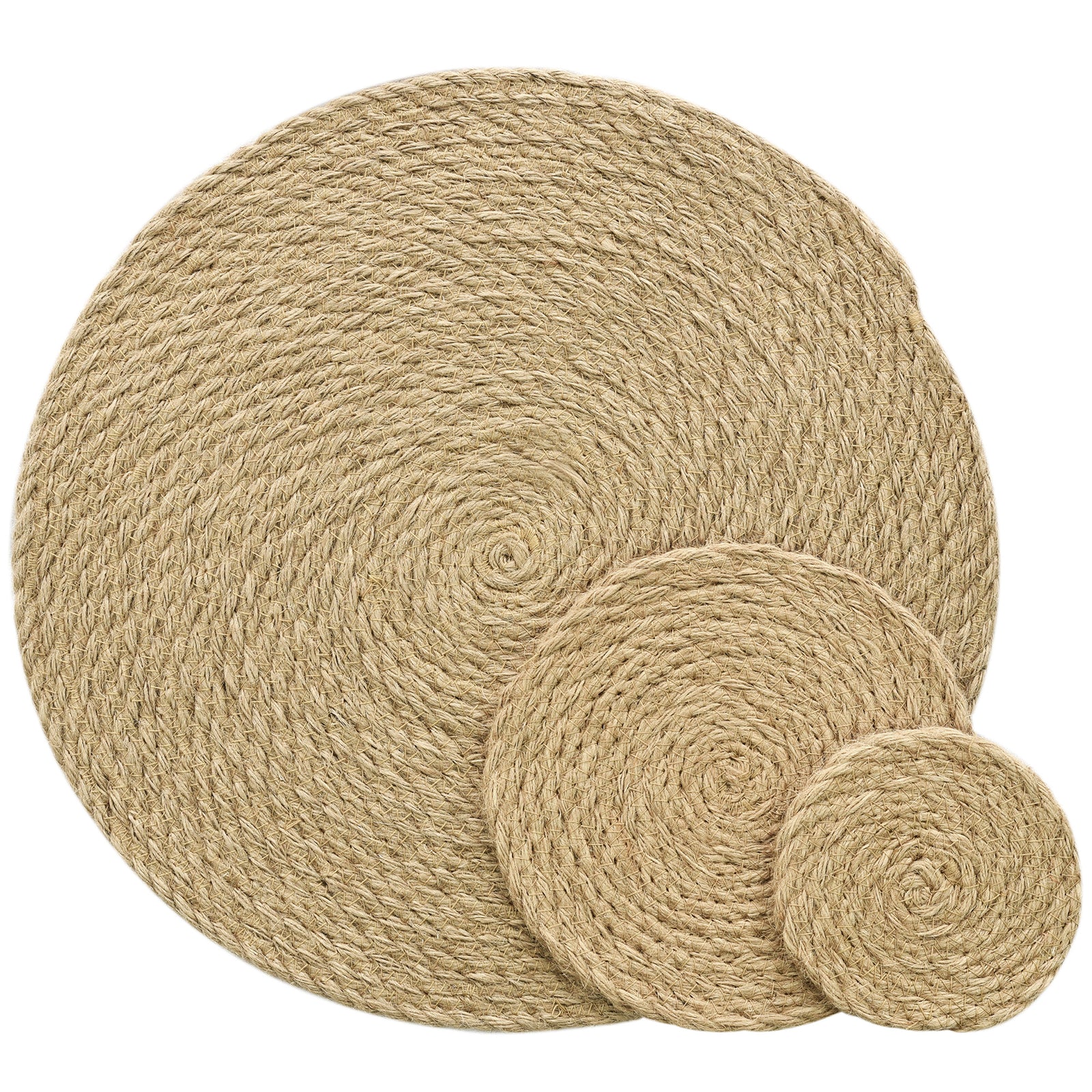 Natural jute round placemat and coaster set shown together as a three-piece woven table mat set.