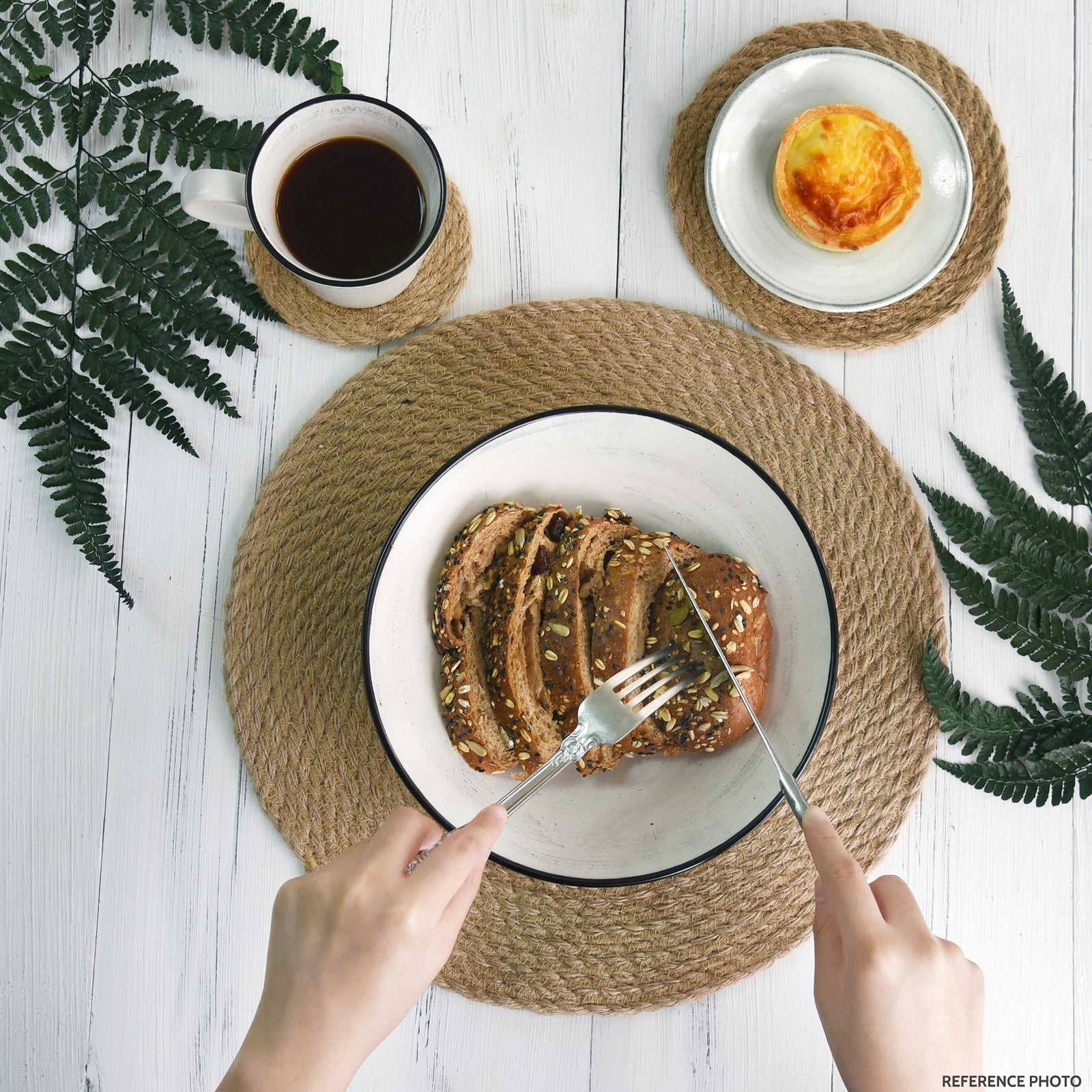Natural jute round placemat set shown in an additional tabletop product view.
