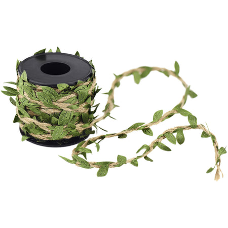Natural jute twine with green satin leaf ribbon, 33 ft roll.