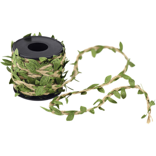 Natural jute twine with green satin leaf ribbon, 33 ft roll.